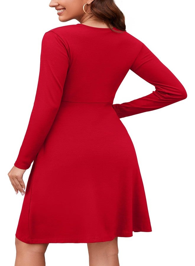 WEACZZY فستان خريفي طويل الأكمام بياقة على شكل حرف V من WEACZZY للنساء، مناسب لحفلات الكوكتيل وحفلات الزفاف، فستان أحمر شبه رسمي مع جيوب، أحمر، مقاس 3XL - Image 4